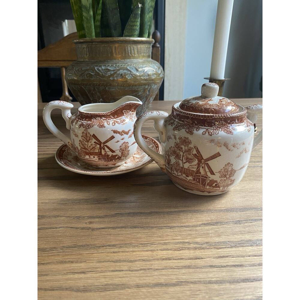 Vintage Brown Transfer Ware Cream And Sugar Set Holland Windmill Japan